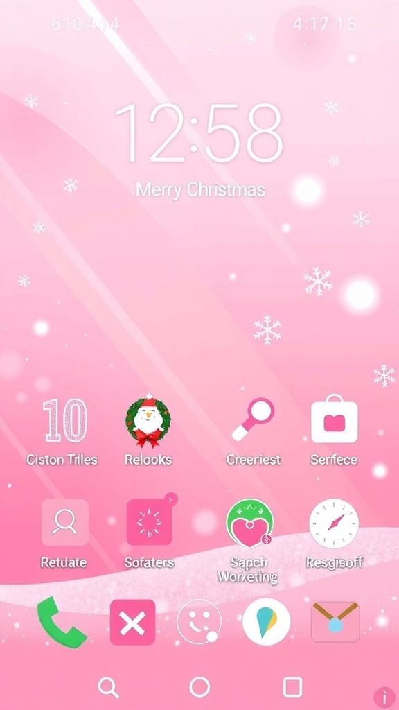 Pink Christmas homescreen layout with festive icons and widgets on a gradient background.